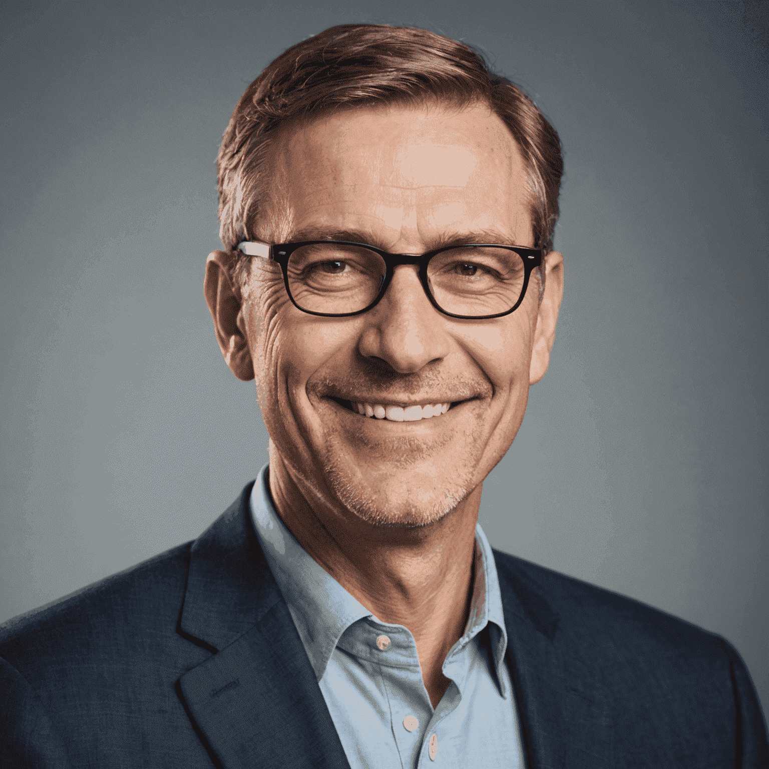 Portrait of the editor-in-chief, a middle-aged man with glasses and a friendly smile