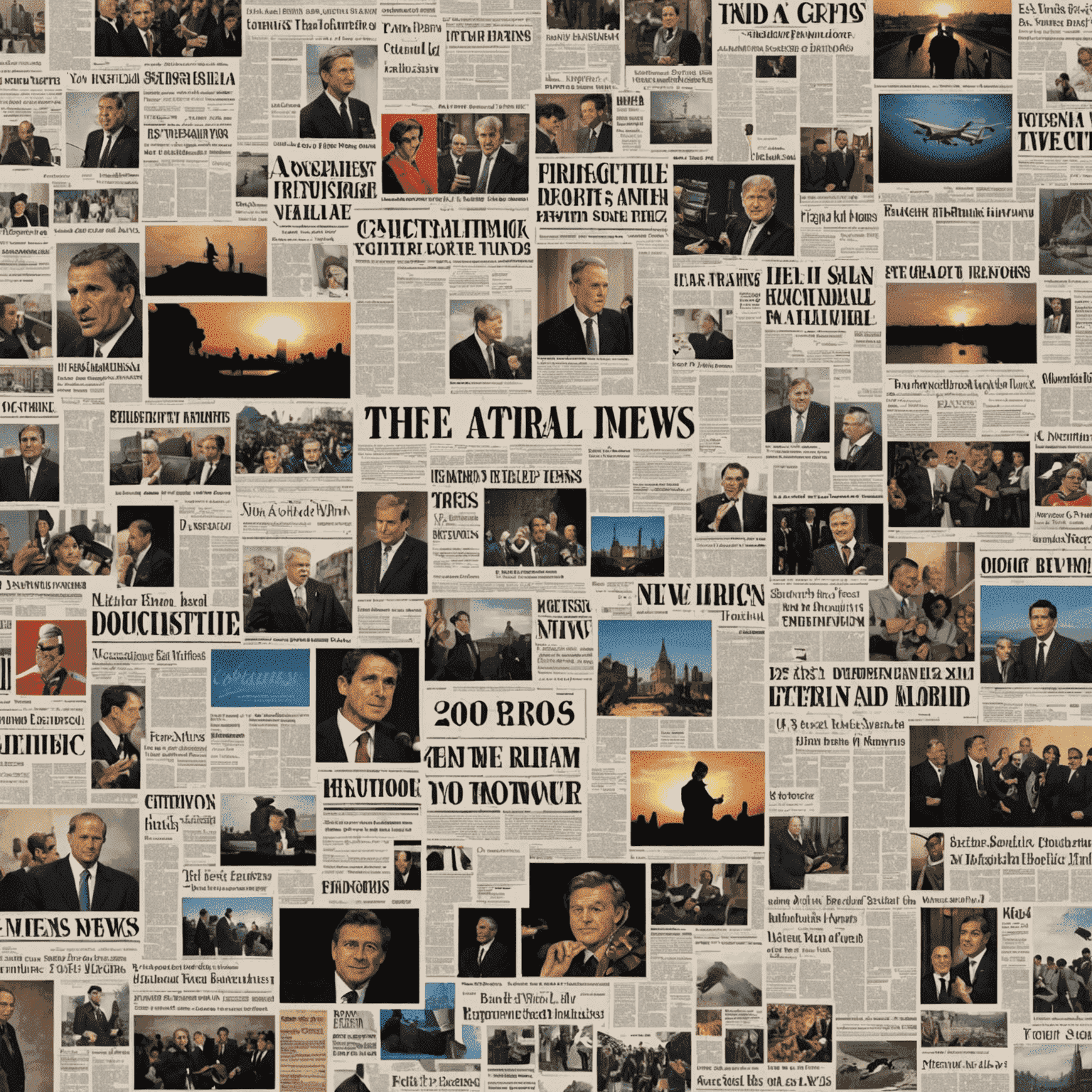 A collage of various newspaper headlines and images from around the world, depicting the latest news stories