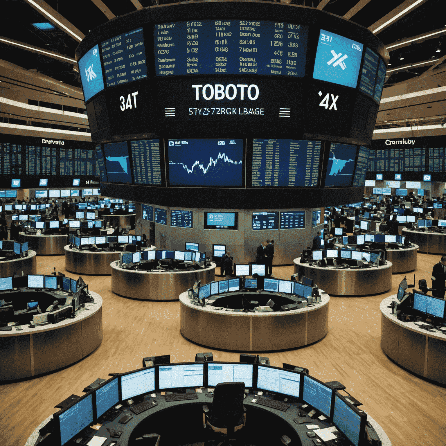 Busy trading floor of the Toronto Stock Exchange with stock tickers and graphs on screens