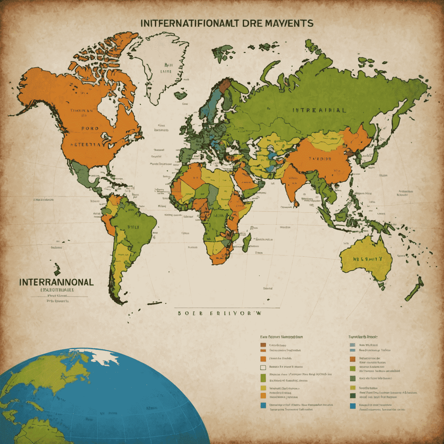 World map with regions related to the analyzed international events highlighted