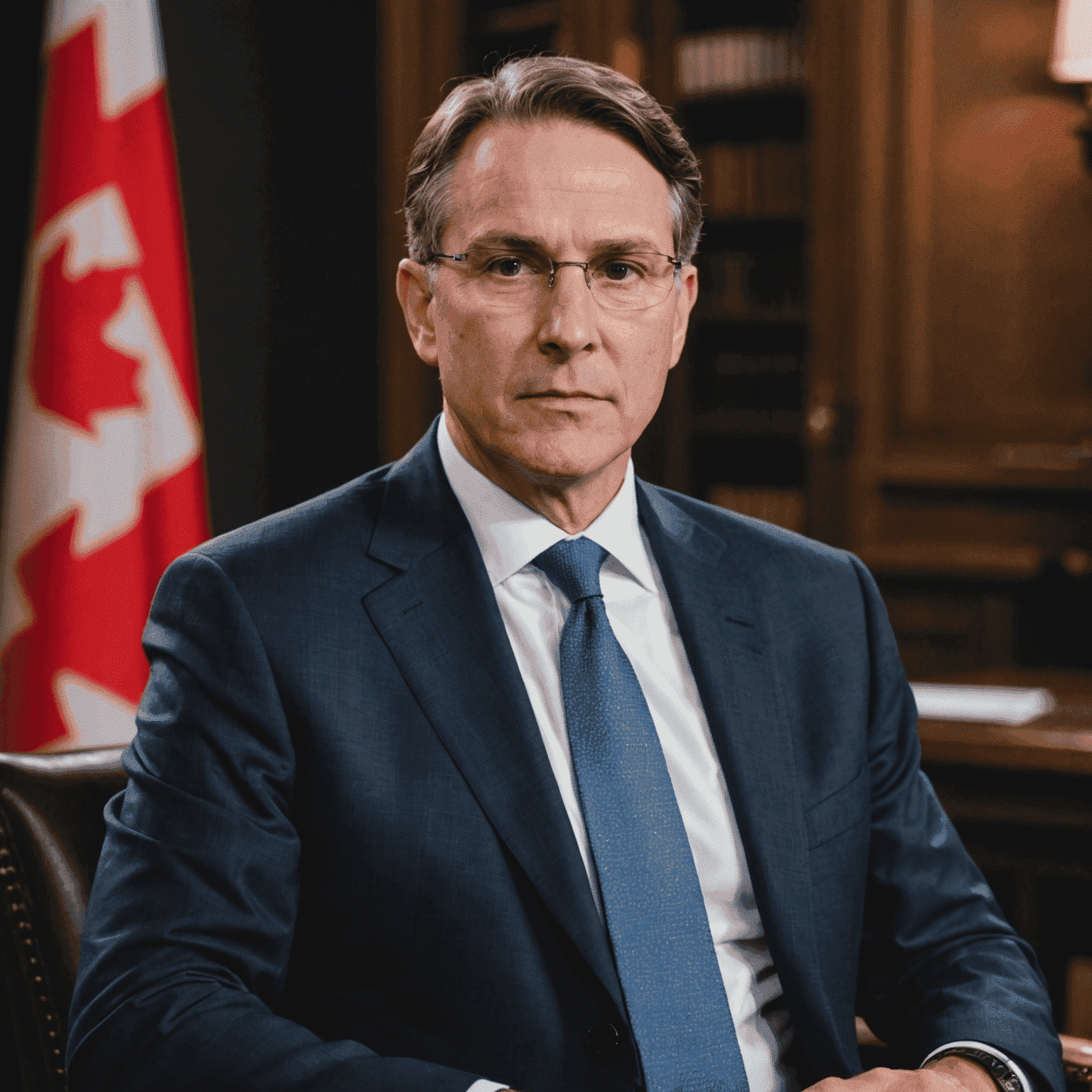 Photo of Canadian Finance Minister sitting for an interview, with a serious expression