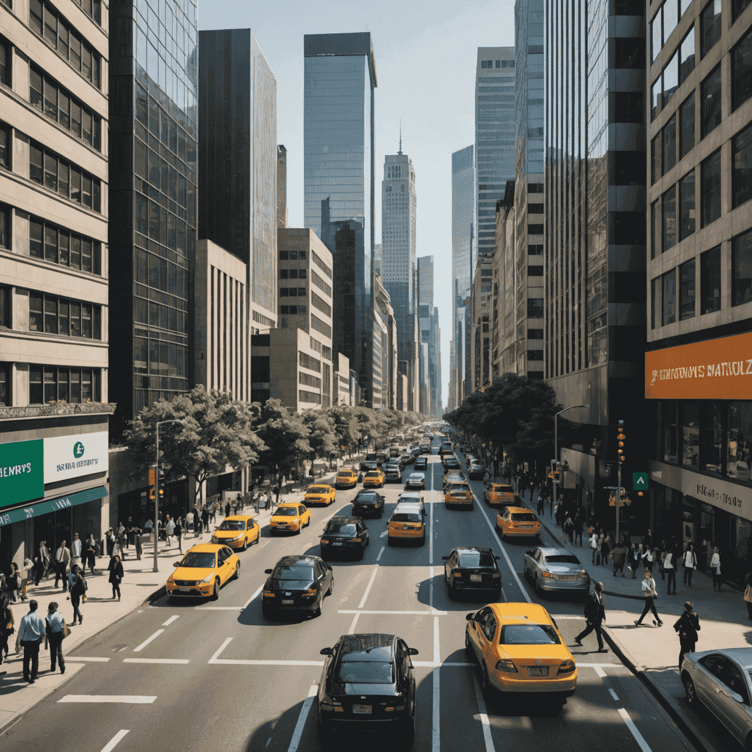 A bustling street scene in a major global city, with people from diverse backgrounds going about their daily lives. Tall skyscrapers and office buildings line the street.