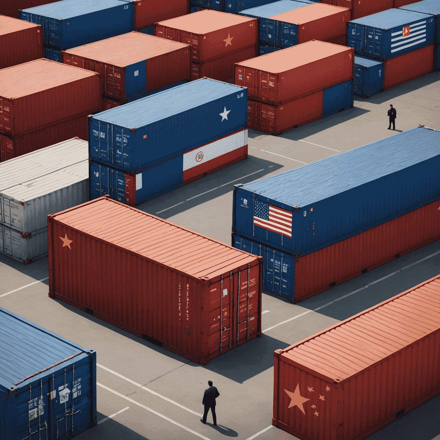 Illustration depicting the trade tensions between the United States and China, with flags of both countries and shipping containers in the background