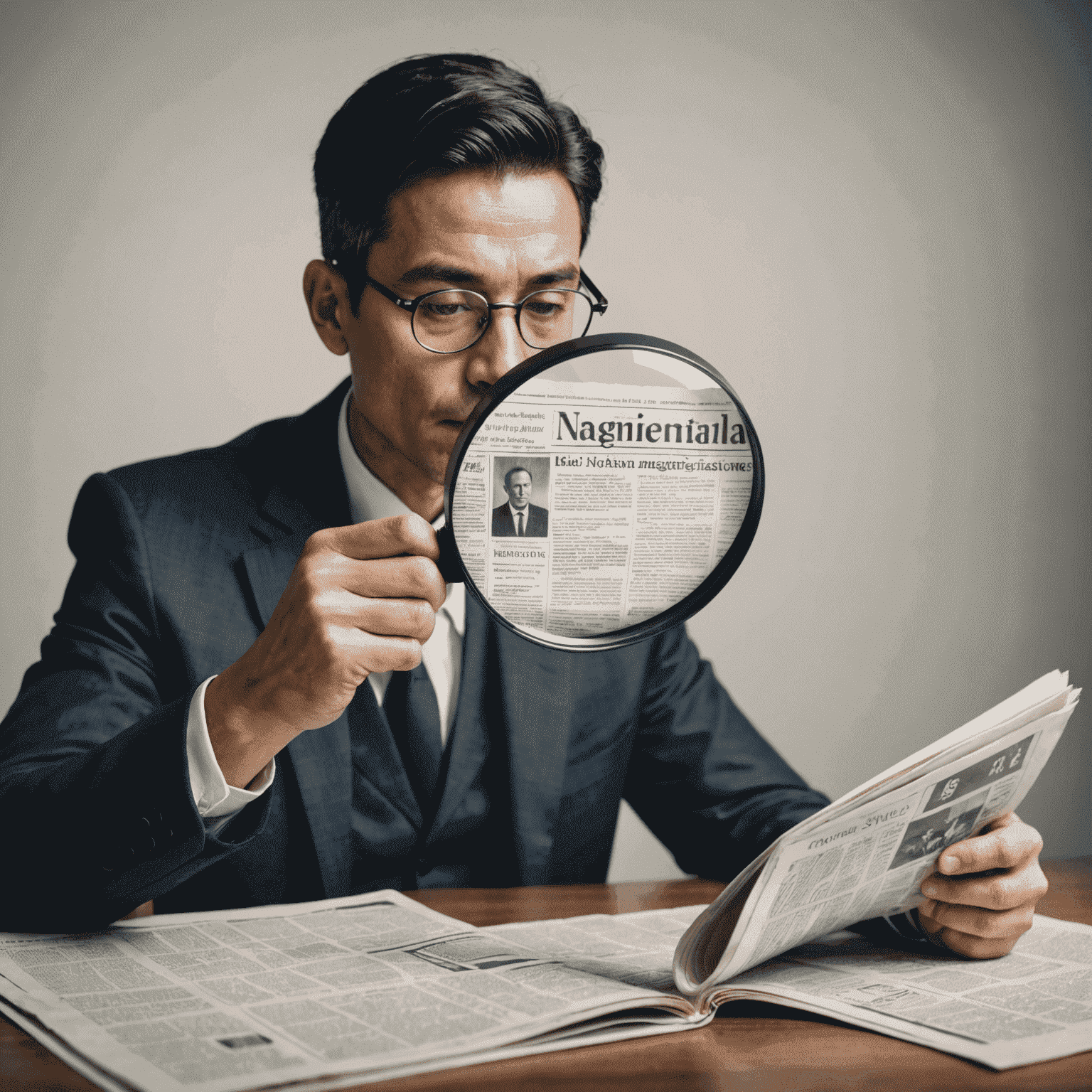 A person reading a newspaper with a magnifying glass, symbolizing in-depth analysis of international events