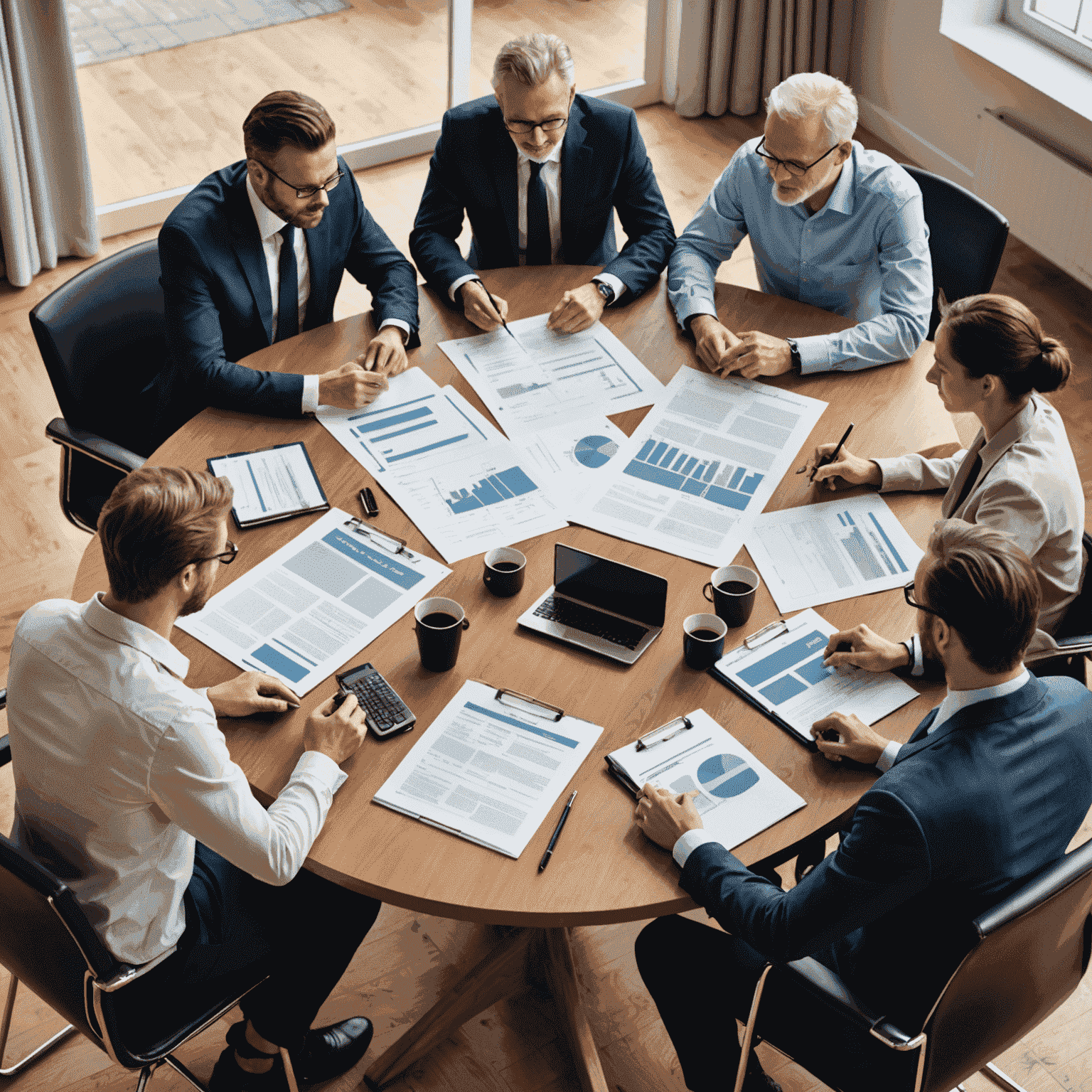 A group of people sitting around a table, discussing and analyzing documents and reports related to international events.