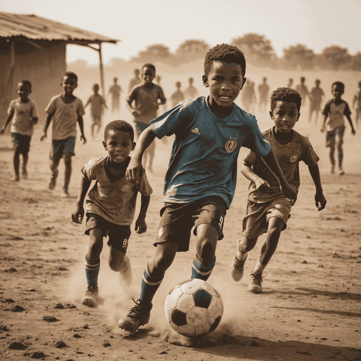 A group of children playing soccer in a dusty field, with determination and joy on their faces despite their humble surroundings.