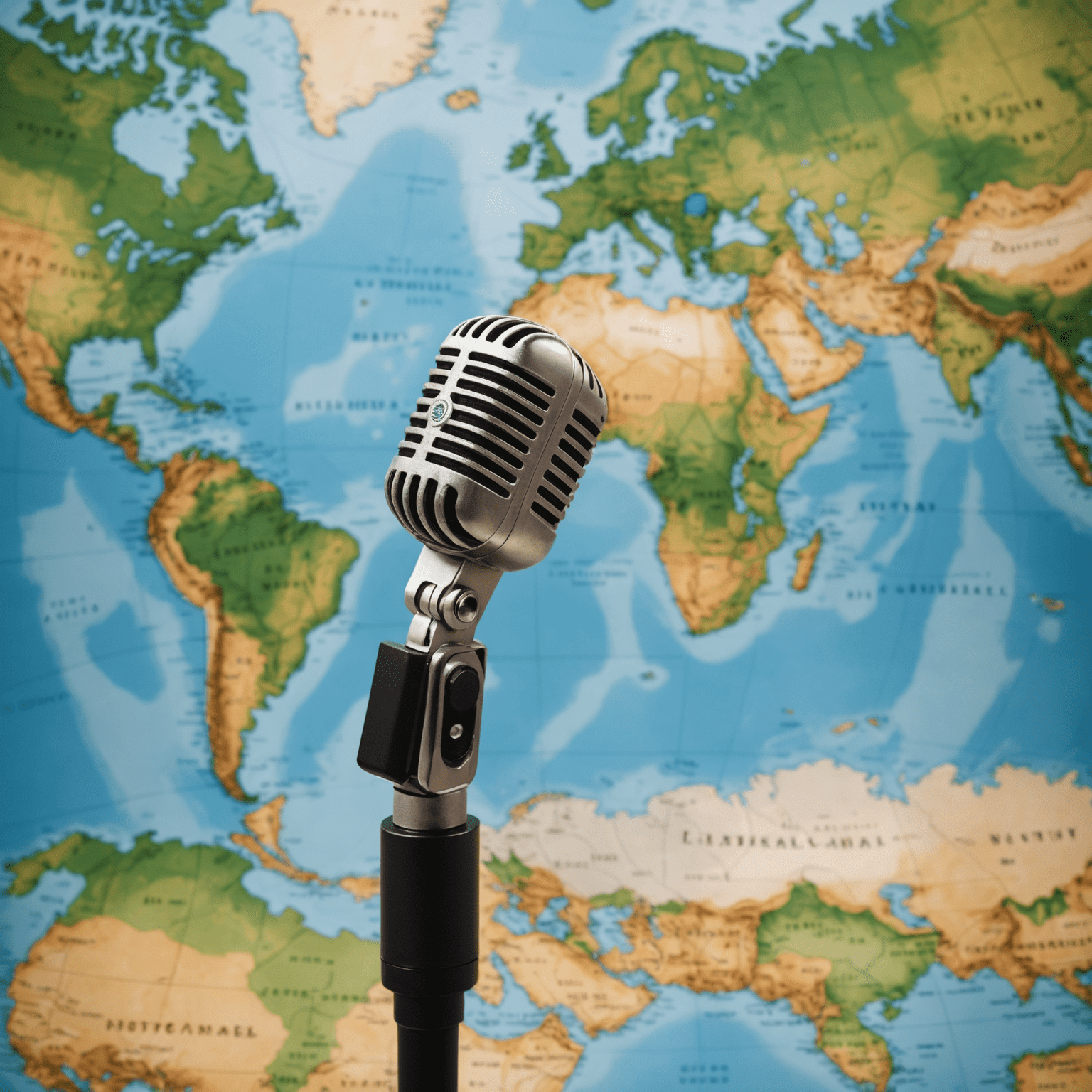 A microphone in front of a world map, representing interviews with global leaders and experts