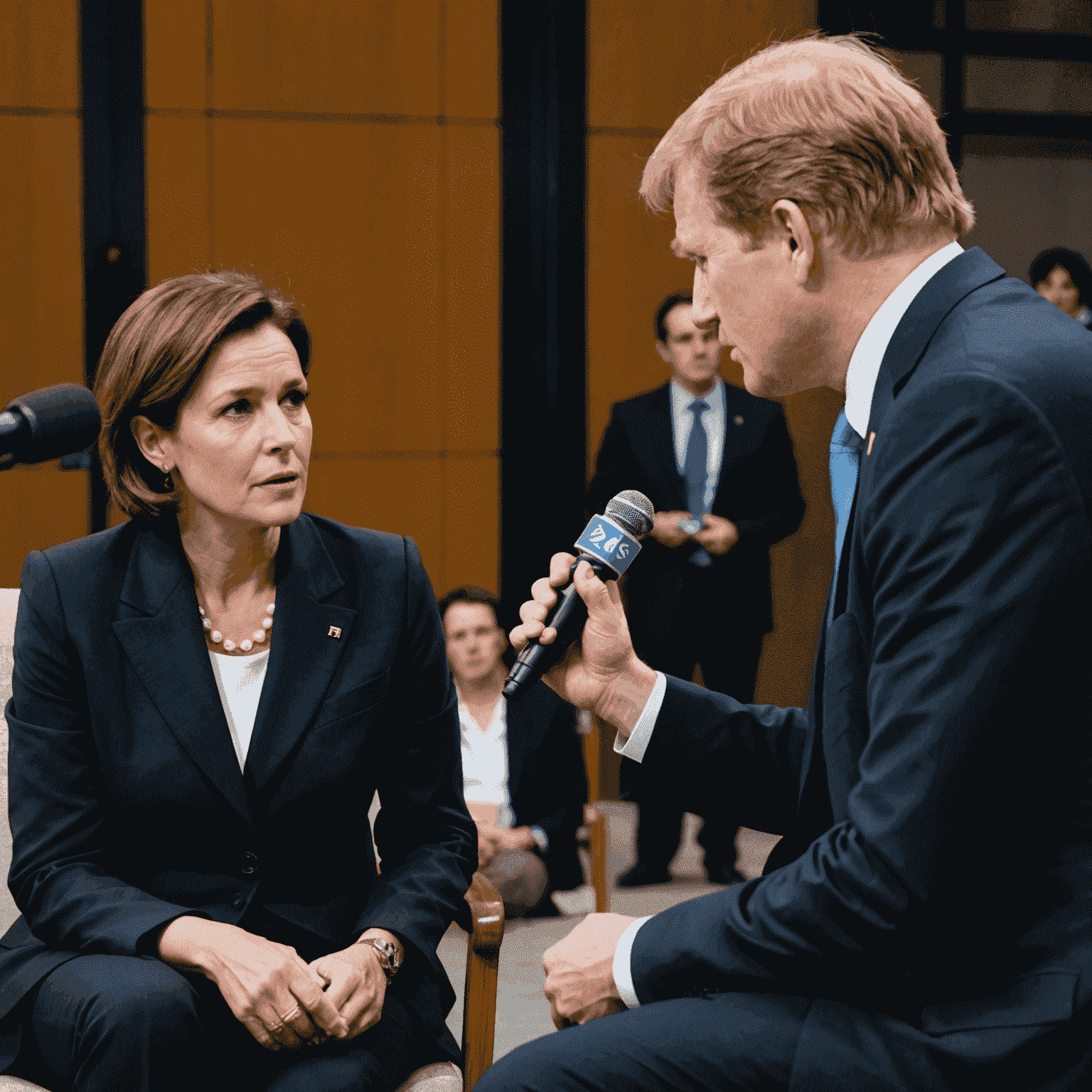 A journalist interviewing a world leader or expert, with both individuals engaged in a serious conversation.