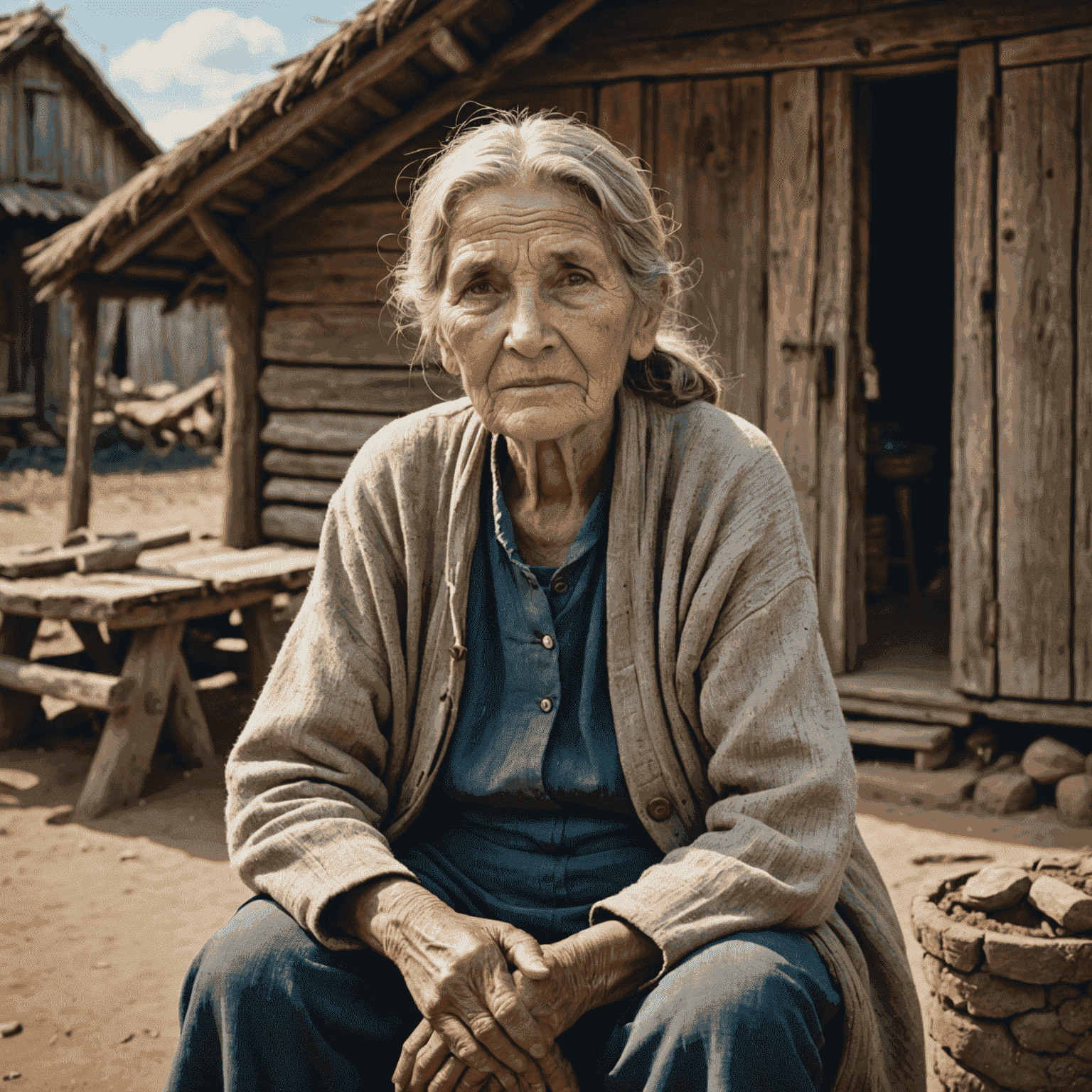 An elderly woman with a weathered face and kind eyes, sitting in front of her small home in a remote village.