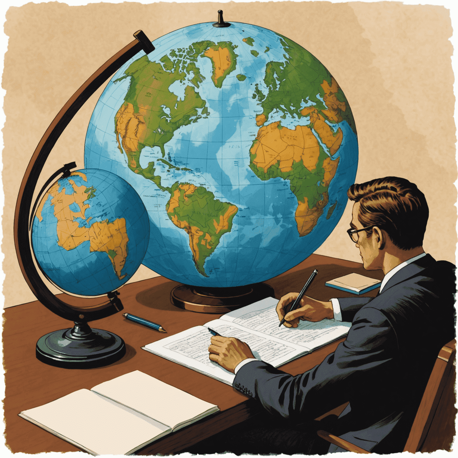 An illustration of a person writing an opinion piece, with a globe in the background, symbolizing the focus on international affairs.